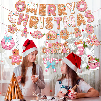 Pink Gingerbread Christmas Decorations, Pink Gingerbread Christmas Decor includes Merry Christmas Banner and Ginger bread Hanging Swirls, Gingerbread House Decorations for Merry Xmas Party Supplies