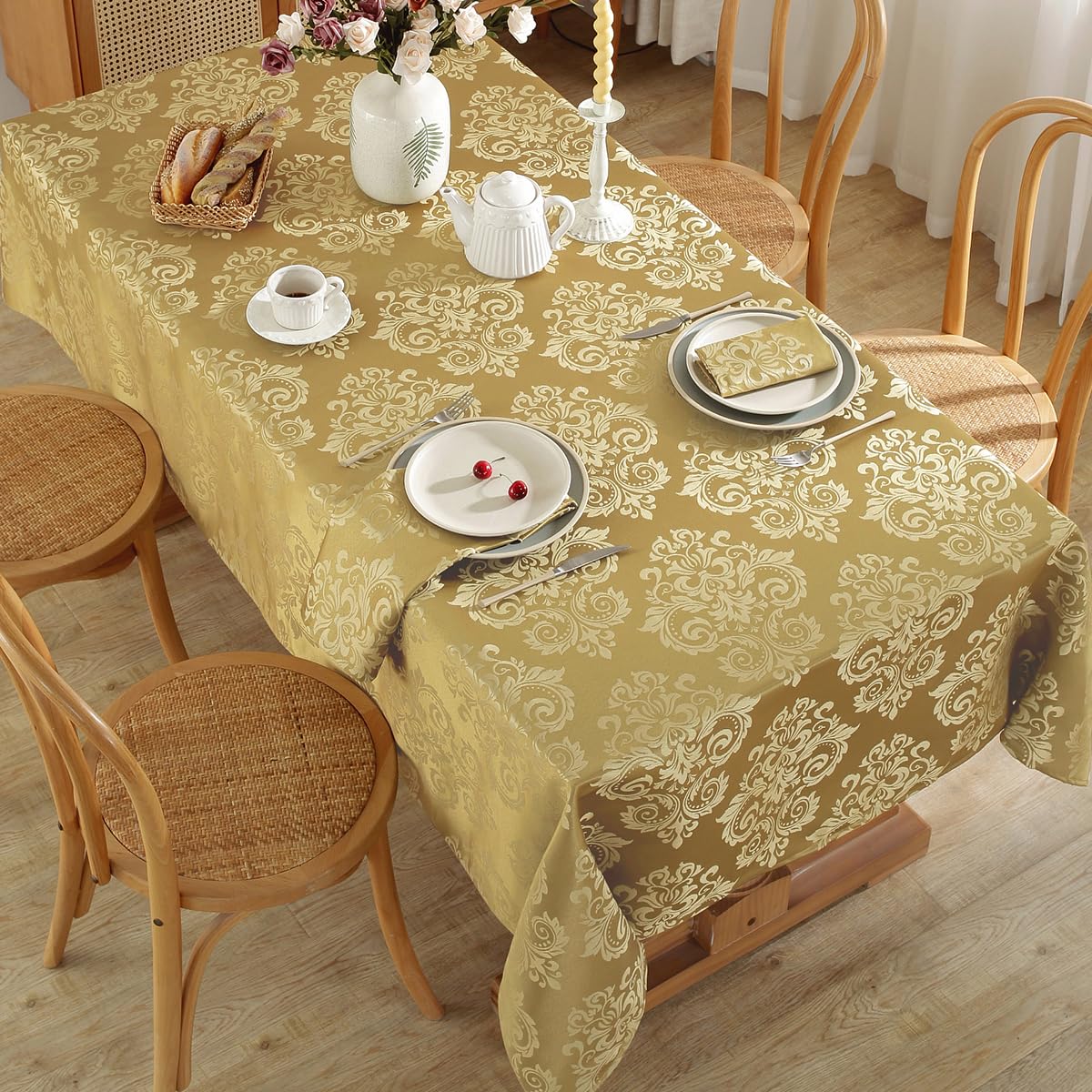SASTYBALE Damask Gold Tablecloth Rectangle 60 x 102 Inch, Floral Jacquard Spill Proof Wrinkle Free Polyester Table Cloth, Fabric Table Cover for Dining/Party/Wedding/Indoor/Outdoor