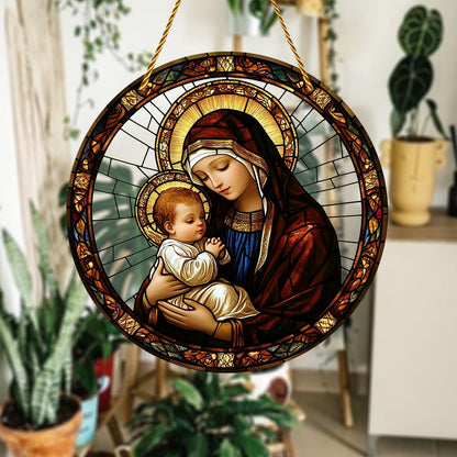8x8 inch Charming Madonna and Child Acrylic Stained Glass Window Hanging Sun Catcher Decor Stained Panel Hangings Wall Art Decor, for Friends and Family (Madonna and Child)