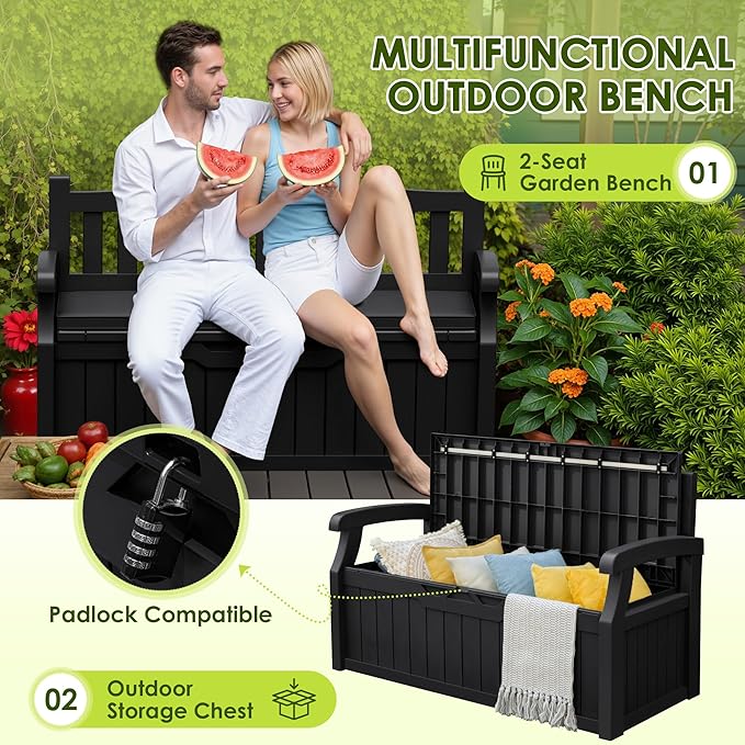 Greesum 80 Gallon Heavy-Duty Outdoor Storage Bench with Cushion, UV-Resistant Resin Bench with Armrest, Deck Box for Garden, Poolside, Patio, Black