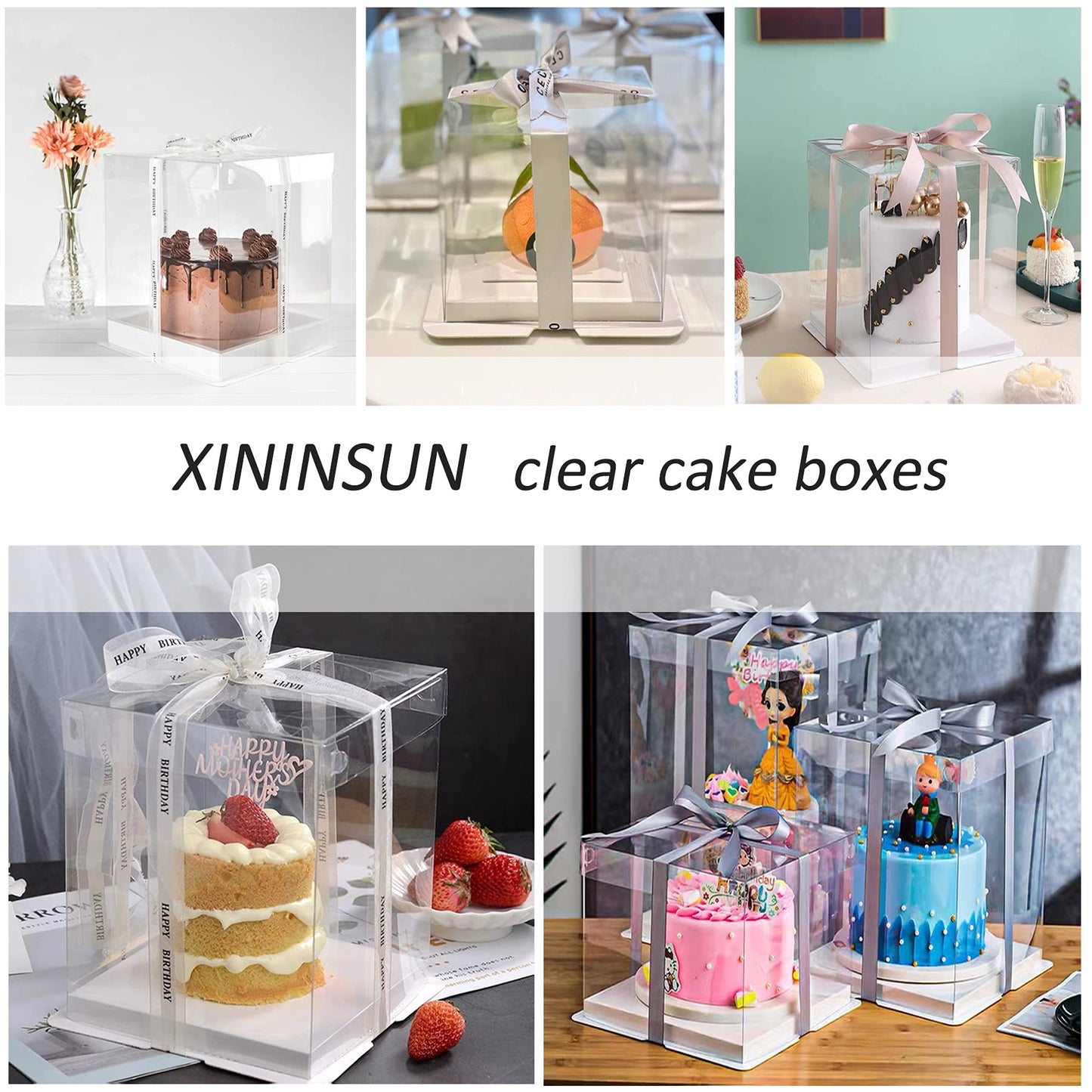 XININSUN 6Pcs clear cake boxes with Ribbon, 6inch cake boxes for Christmas Bakery Treat,Holiday Pastries,Gift Giving-White