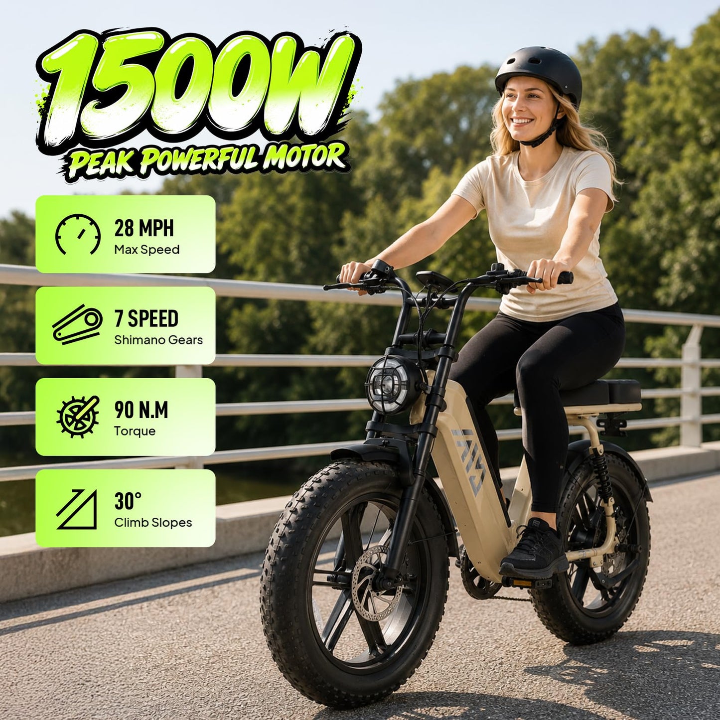 TST Electric Bike for Adults 1500W, 48V 15AH Removable Battery Step-Thru Ebike, 20" x 4.0" Fat Tire Electric Bicycle with Dual Hydraulic Brakes, Dual Suspension, Passenger Seat and Foot Pegs
