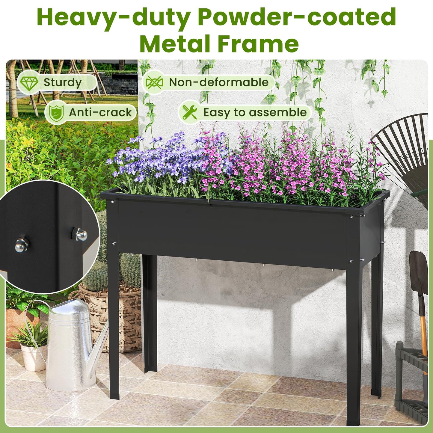 HAPPYGRILL Raised Garden Bed, Metal Elevated Planter Box w/Legs, Drainage Holes for Growing Vegetables Fruits Flowers, Indoor Outdoor Standing Plant Container for Backyard Patio (Black, 40”x16”x32”)