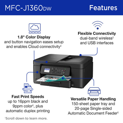 Brother Work Smart 1360 Wireless Color Inkjet All-in-One Printer with Automatic Duplex Printing and 1.8” Color Display | Includes Refresh Subscription Trial(1) (MFC-J1360DW) (Uses LC501 Series Inks)