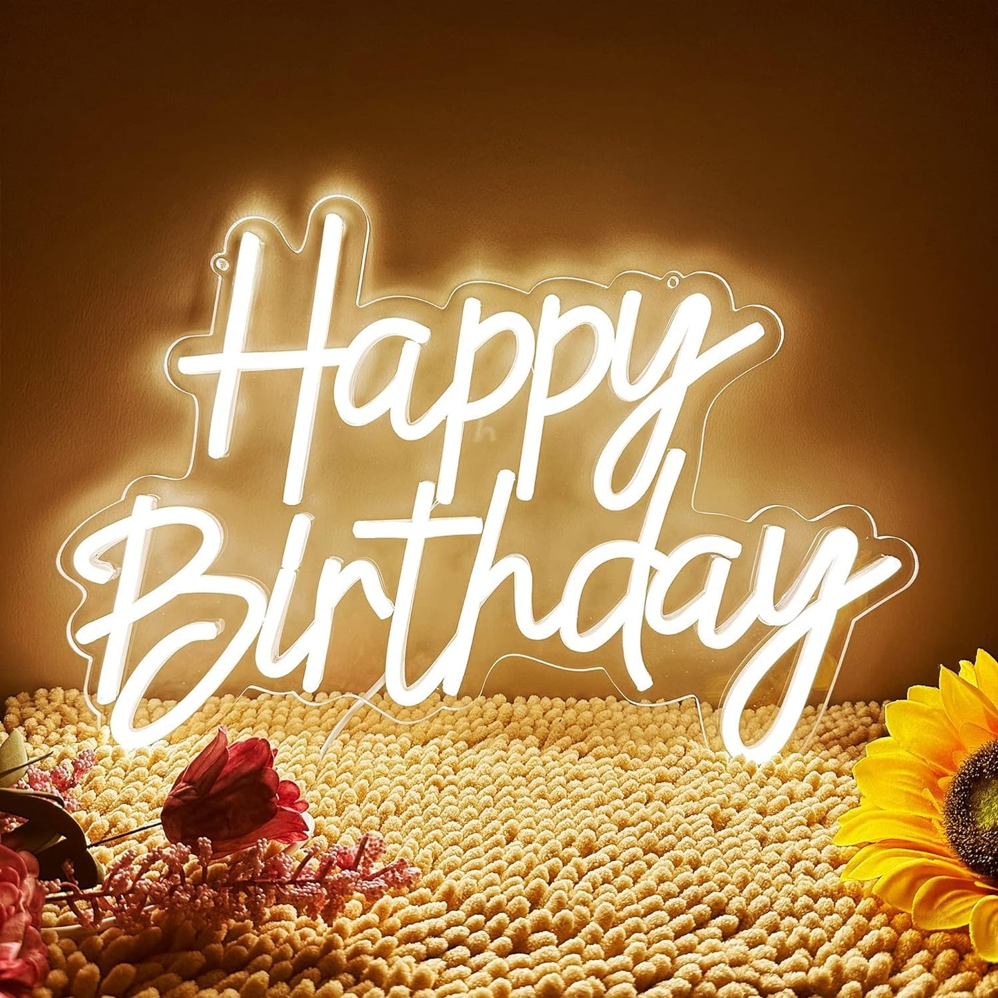 Neon Sign Happy Birthday Wall Decor Night Light for Bedroom Bar Cafe Anniversary Party Banquet Rave Home Decor Backdrop Dimmable Reusable USB Powered 5V Size 17 * 10 * 0.39 Inches (Warm White)