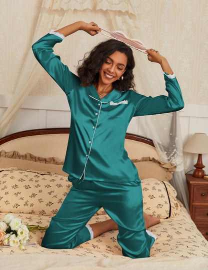 Ekouaer Satin Pajamas for Women Silk Long Sleeve Sleepwear Button Down Loungewear 2 Pieces Lace Soft Pjs Set