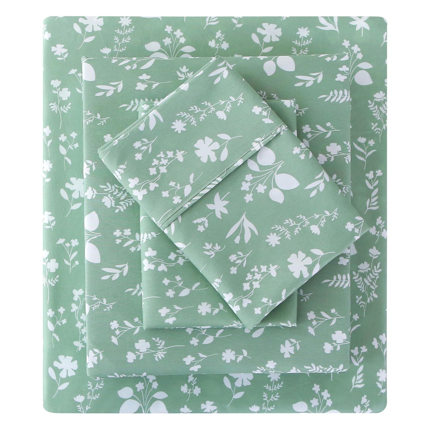 Viviland Sage Green Full Sheet Set - 4 Piece Vintage Green Flower Patterned Bed Sheets - Soft, Breathable Microfiber Floral Sheets with Deep Pocket, Non-Slip Fitted Sheets & Pillowcases