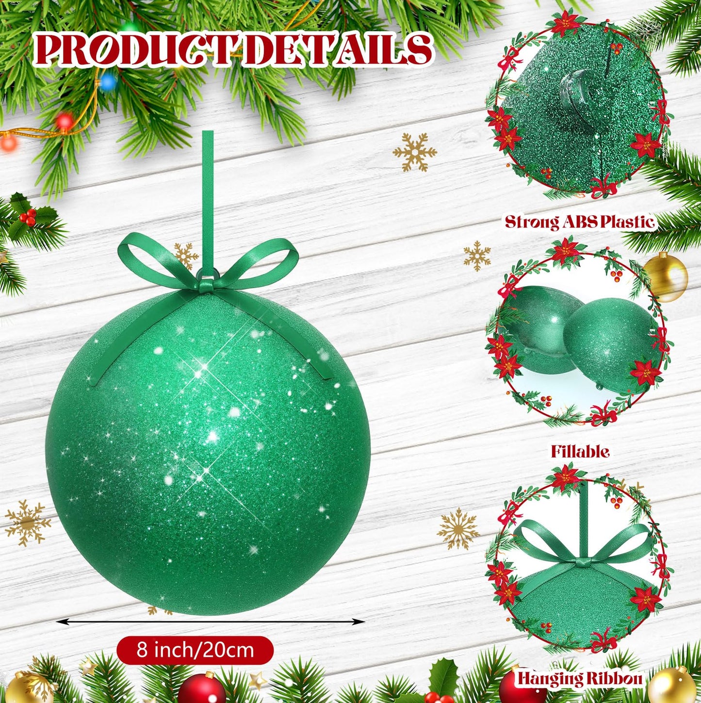 Zubebe 2 Pcs 8" Giant Fillable Christmas Ornaments with Ribbons Oversized Plastic Xmas Balls for Outdoor Lawn Yard Decor, Tree Hanging, Holiday Gifts(Glitter Green)