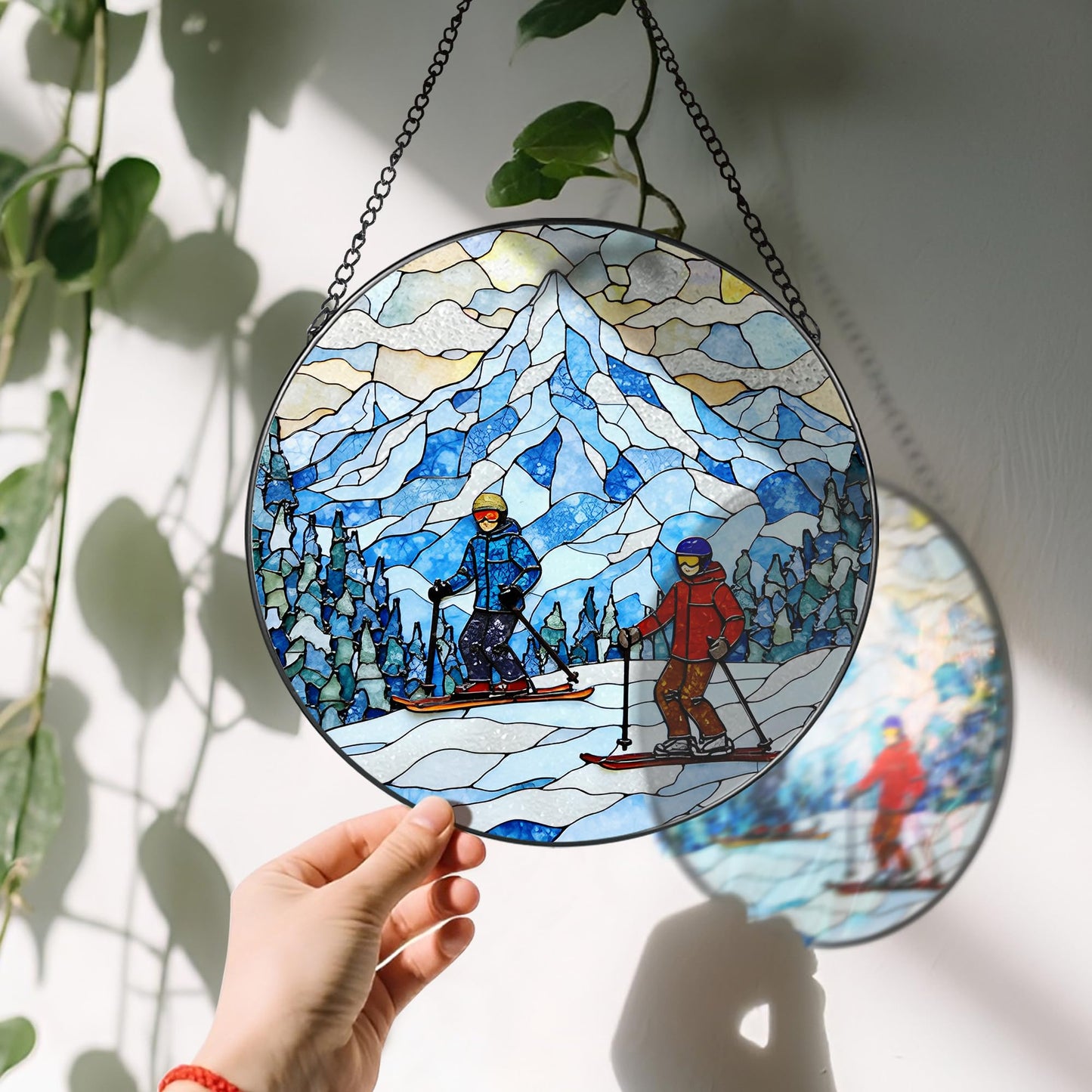 LAOWEIKI 8'' Snowy Mountain Skiers Sun Catcher Ornament, Stained Glass Window Hanging, Sun Catchers for Windows Hanging Ornaments, Window Decor | Ideal Gift, Gift Exchange, Gifts for Skiers