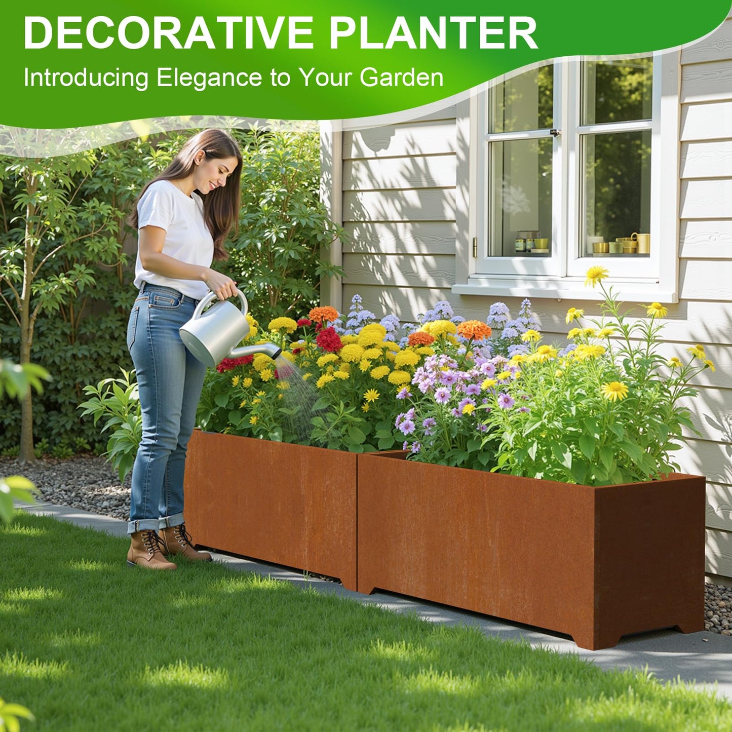 Gabviem Large Planters for Outdoor Plants 32"L x 15"W x 15"H, Co-rten Steel Planter Box with 6 Drainage Holes, Raised Bottom, All-Weather Garden Planter Box for Patio, Lawn, Commercial & Residential