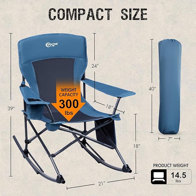 Portal Folding Camping Rocking Chair Portable Outdoor Rocker High Back Cup Holder Side Pocket Carry Bag Included, Support 300 lbs