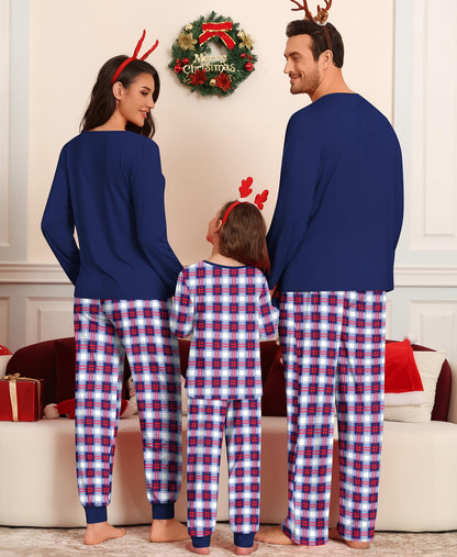 SWOMOG Couple Matching Pajamas Set Christmas Pajamas Long Sleeve Button Down Pj Set Festival Party Xmas Sleepwear Women Navy Blue Plaid Small