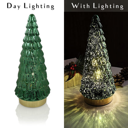 SHMILMH Mercury Glass Christmas Tree Green, Tabletop Christmas Tree with Light, Battery Operated Mini Xmas Tree for Fireplace Centerpiece Decorations 10", Set of 2