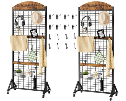 CHOEZON Grid Wall Panel 5.7' x 2' FT Grid Display Rack, 2 Pack Movable Gridwall Display Stand with 8 S-Shaped Hooks and 8 Garment Hooks, Floorstanding Wire Grid Rack, Rustic Brown and Black TCJ17P2BF