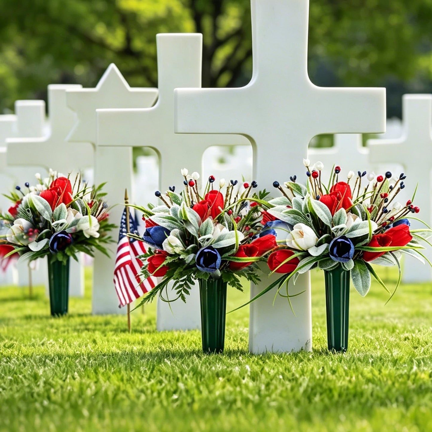 Memorial Day Flowers for Cemetery 2 Sets Artificial Patriotic Cemetery Flowers Red White Blue Roses with Berries & Lamb's Leaves for 250th Anniversary USA 4th of July Memorial Day Grave Outdoor Decor