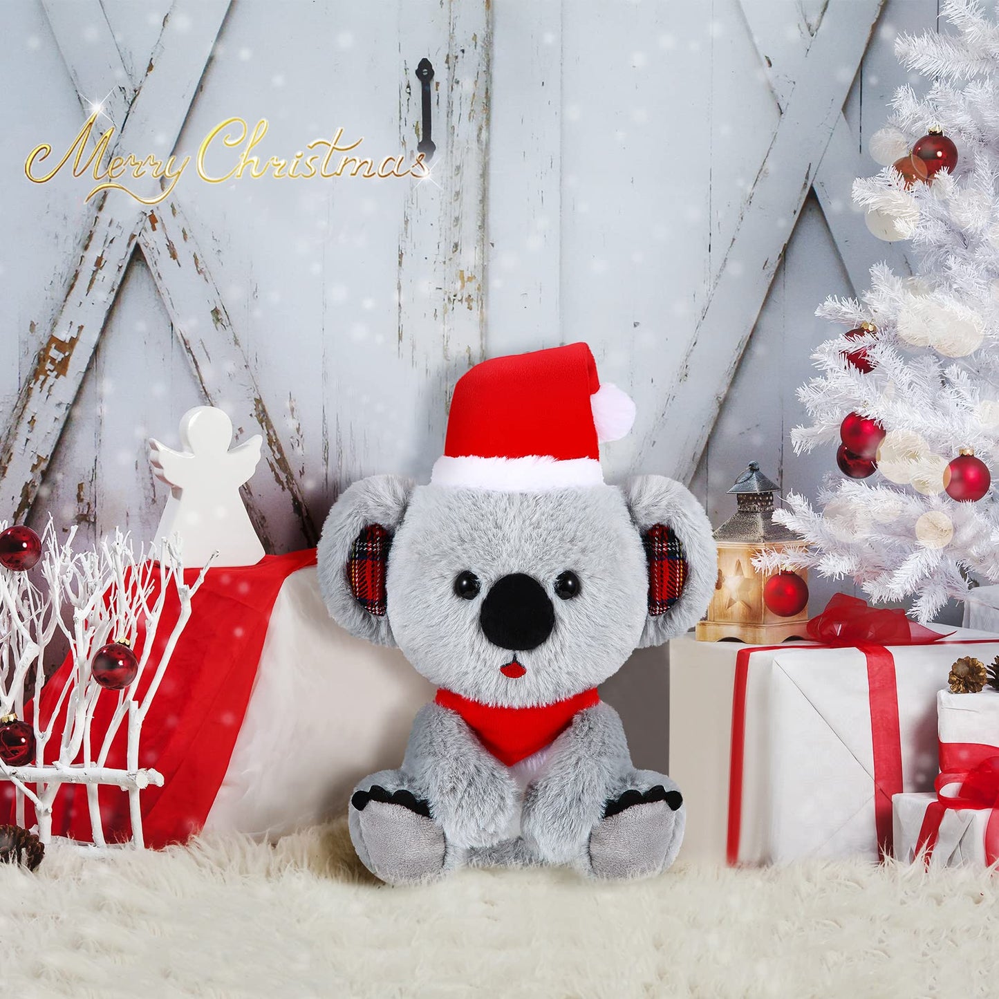 Threan 8 Inch Christmas Stuffed Animal Christmas Plush Doll with Santa Hat for Holiday Decoration Winter Gifts(Koalas Style)