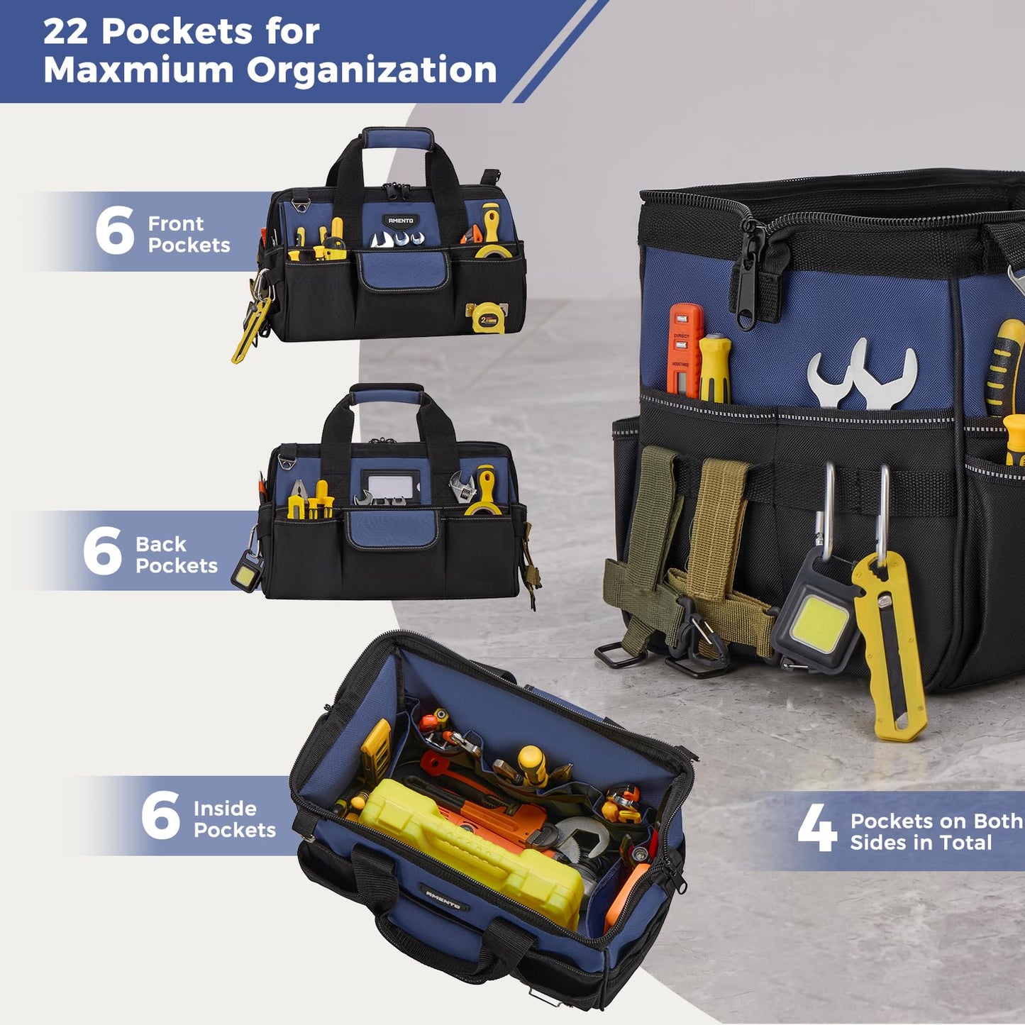 Amento 16-Inch Heavy Duty Tool Bag, 22 Pockets Empty Tool Box Organizer Storage, Soft Tote Toolbox Organization Portable Handle Carrying Work Toolbag, Father Day Gifts Men Electrician Mechanic, Blue