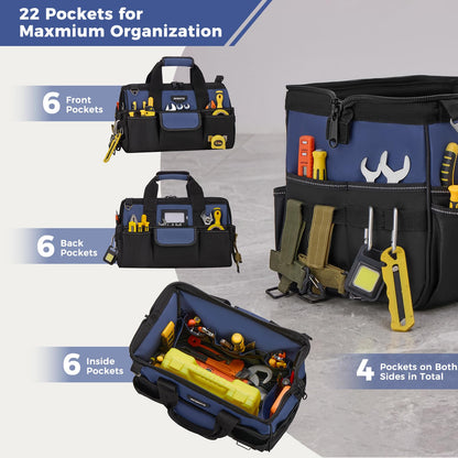Amento 16-Inch Heavy Duty Tool Bag, 22 Pockets Empty Tool Box Organizer Storage, Soft Tote Toolbox Organization Portable Handle Carrying Work Toolbag, Father Day Gifts Men Electrician Mechanic, Blue