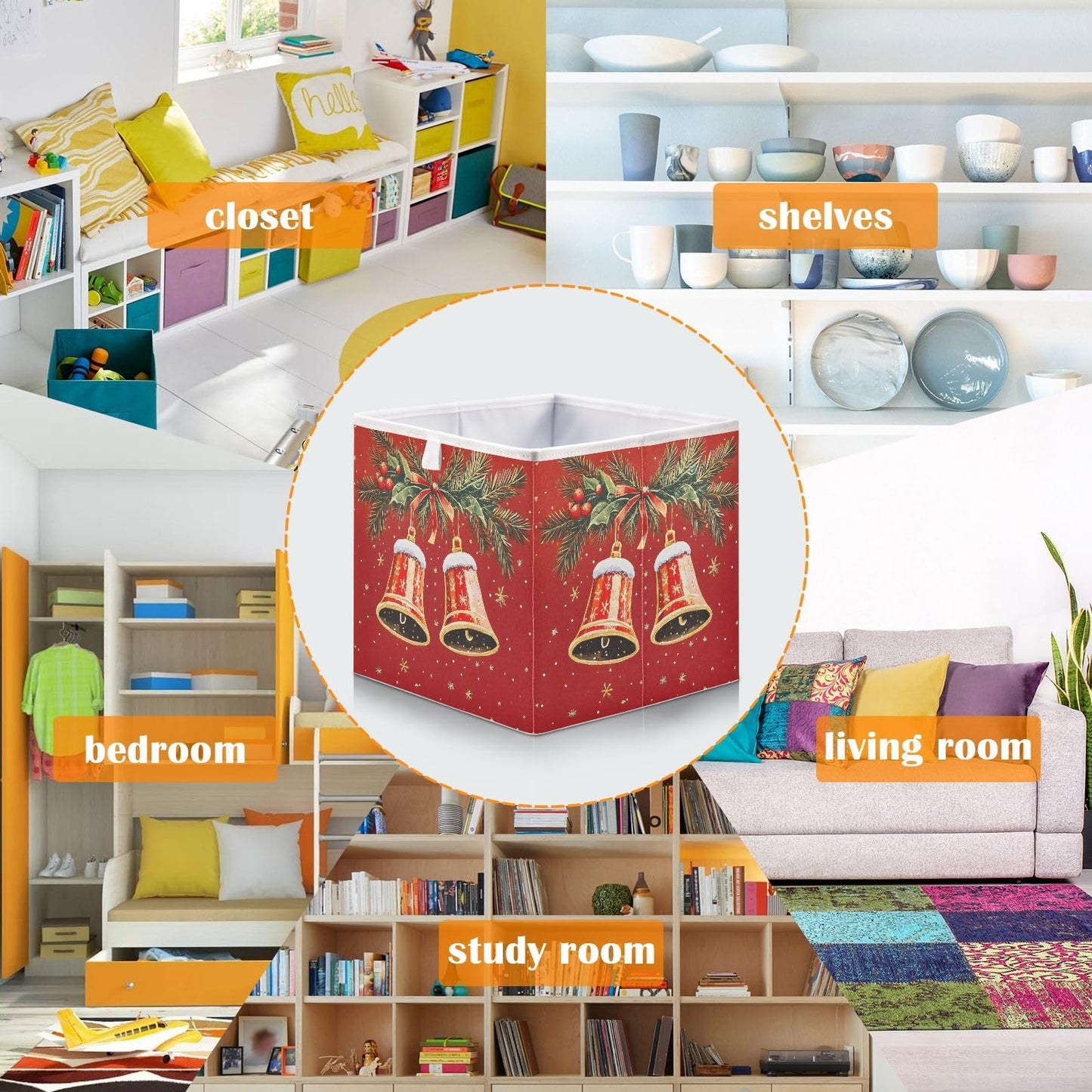 senya Large Storage Bins Christmas Bells Collapsible Foldable Storage Cubes Fabric Basket Closet Organizer Containers Box for Home Bedroom Office 15.7 x 10.6 x 6.9in