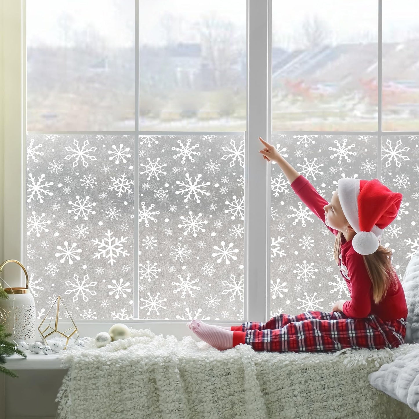Christmas Stain Glass Window Film Christmas Snowflakes Cling Rainbow Window Film Decorative Window Clings Pure White Frosted Vinyl Static Window Stickers for Holiday Glass Windows Decor 16.9 * 39.3in