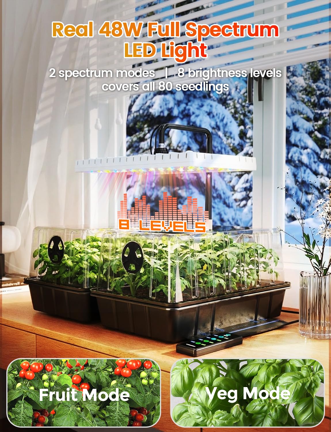 MetryGrow 48W Full Spectrum LED Grow Light Seed Starter Kit, 80-Cell Tray with 30W Heating Mat & Adjustable Dome, Waterproof Germination System for Healthy Indoor Seedlings