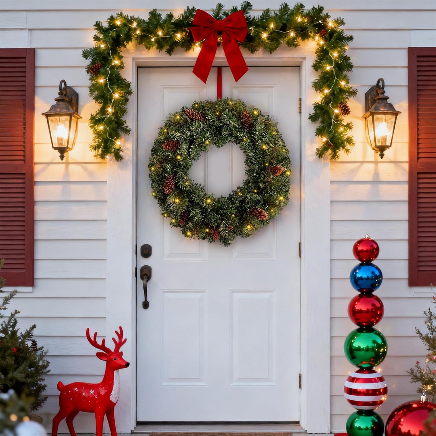 FR Artificial Pre-Lit Fir Christmas Wreath Holiday Accent Decoration, Wintry Pine, Decorated with Pine Cones, with LED Lights Battery Operated for Door, Mantel - 16 Inch