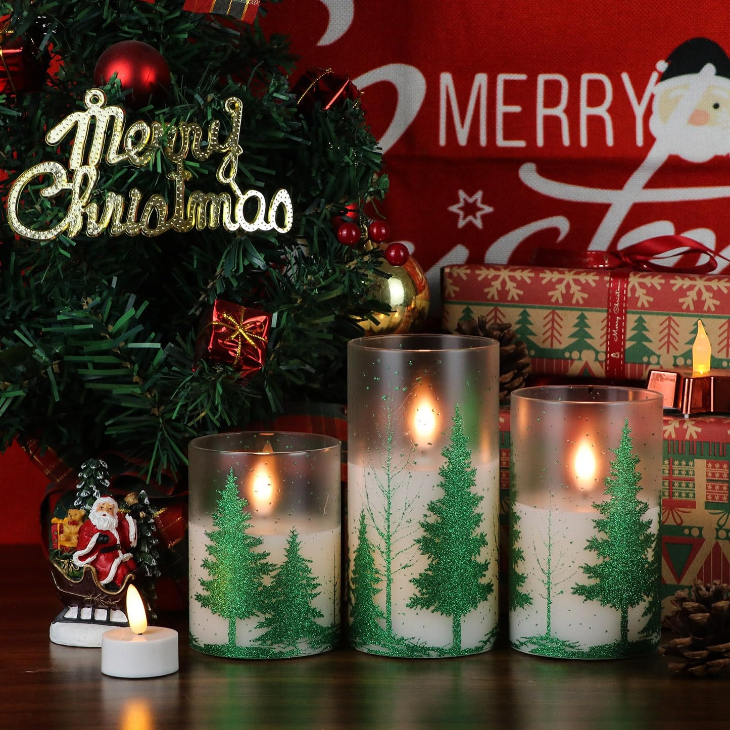 Wondise Glass Flickering Flameless Candles with Remote and Timer, Battery Operated 3D Wick LED Candles Christmas Tree for Christmas Holiday Home Decoration, Set of 3(D3 x H4,5,6 Inch)