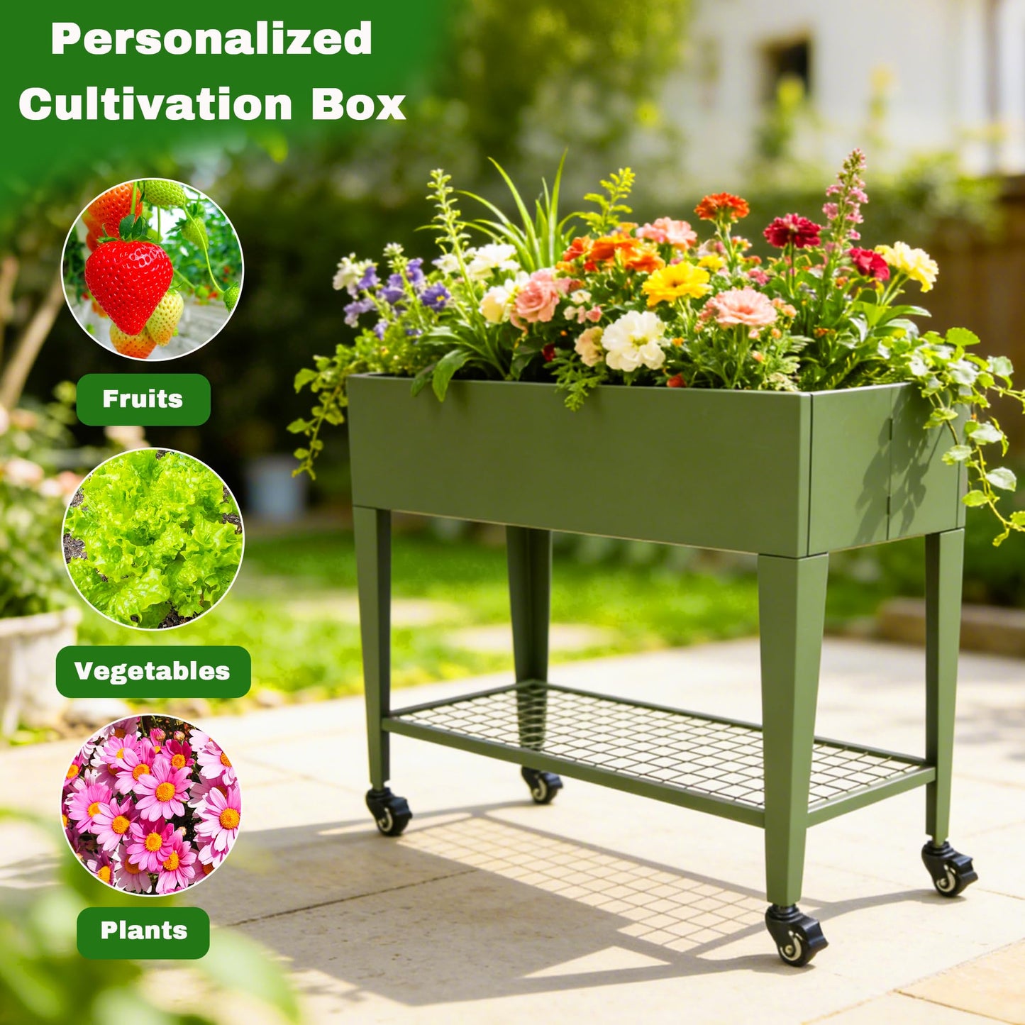 TISUWING Foldable Raised Garden Bed with Wheels, 38 x 14 x 32 Inch Galvanized Steel Elevated Planter with Storage Shelves, Rolling Outdoor Planter Box for Herbs, Vegetables & Flowers, Green