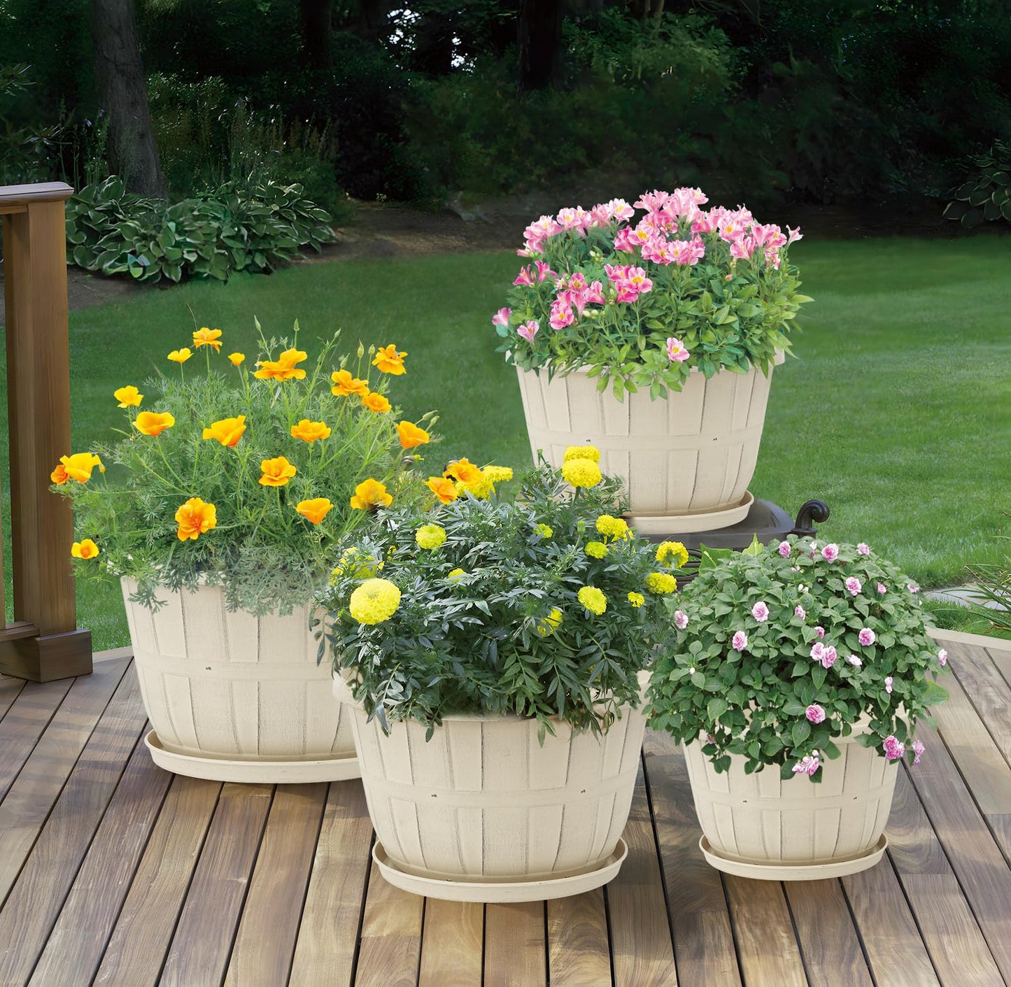 Quarut 12 Inch Large Planter Pot for Plants Indoor Outdoor, 4 Pack Plastic Flower Pots with Drainage Hole & Tray, Modern Decorative Garden Pot with Saucer, Plant Container for House（White）