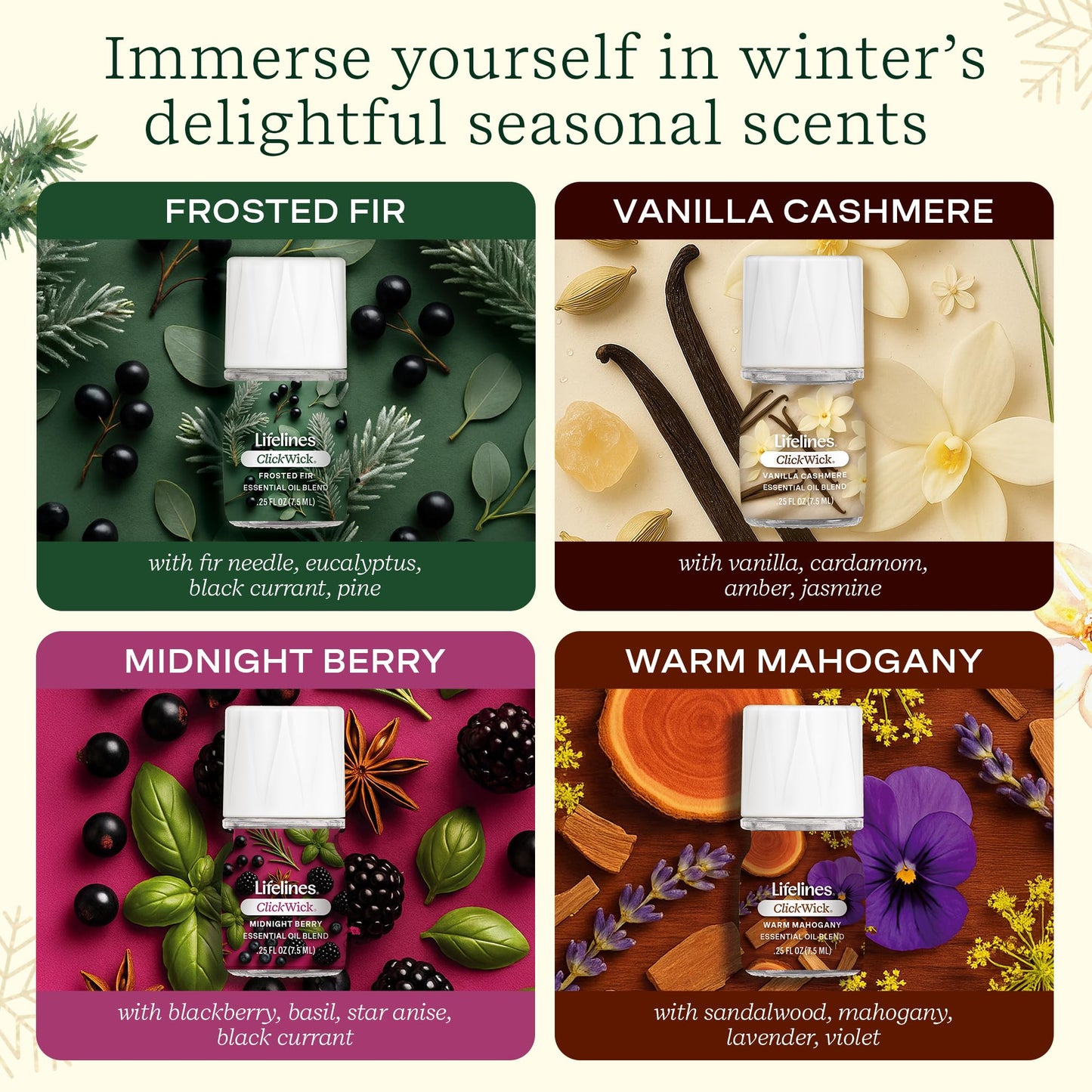 ClickWick Essential Oil Blends for Lifelines Diffusers, 4-Pack Winter Gift Set - Essential Oil Blend Fragrance Refills for Candle, Plant & Shower Aromatherapy Diffuser - Home Spa & Relaxation Gifts