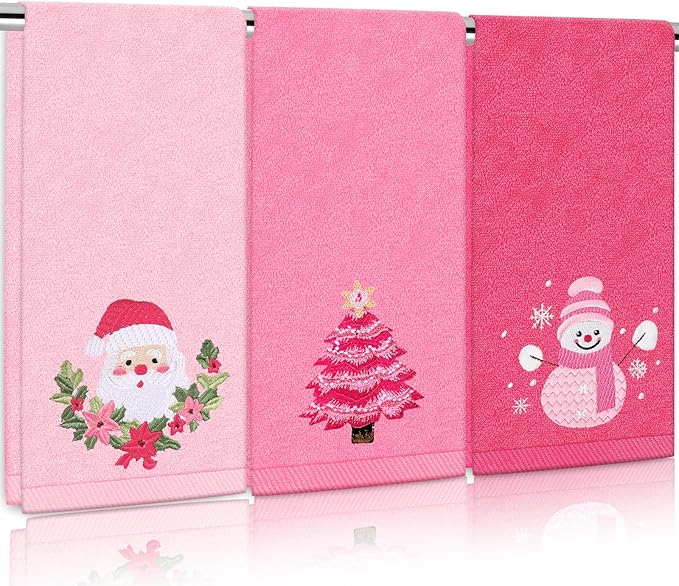 3Pcs Christmas Pink Hand Towel Set Cotton Xmas Tree Santa Snowman Bathroom