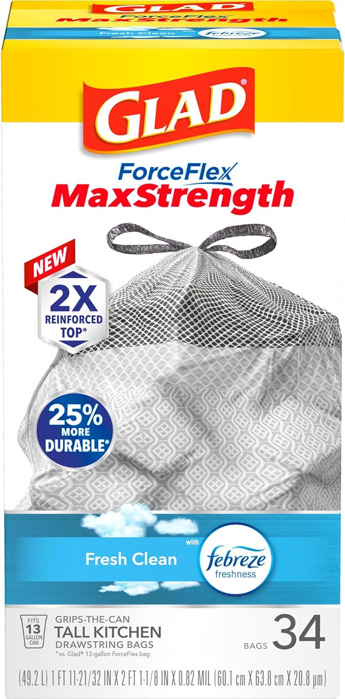 Glad Kitchen Trash Bags, 13 Gallon, Fresh Clean | ForceFlex MaxStrength | Tall