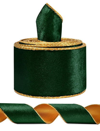 Green Wide Velvet Ribbon Wired for Christmas Tree, Garland, Wreath, 2.5 Inch 5 Yards