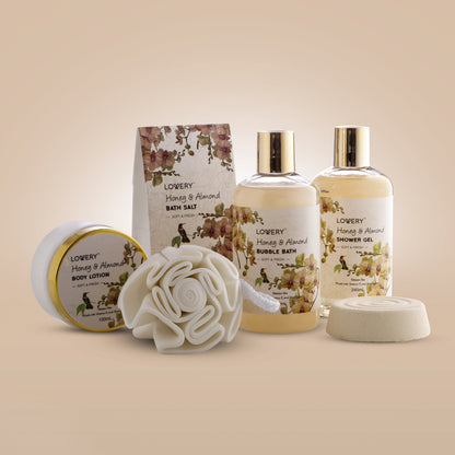 Christmas Gift Baskets for Women Gifts for Women Who Have Everything, Home Spa Honey & Almond Scent, Luxury Bath & Body Set - Shower Gel, Bubble Bath, Body Lotion, Salts, Bath Bomb, Bath Puff.