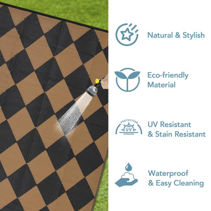 GarveeHome Outdoor Rug 9x18 ft Waterproof Mat Reversible Outdoor Plastic Straw Rug Patio Rug Camping Rug Portable Outdoor Mat for RV Porch Balcony Backyard Picnic Beach Black/Brown Diamond