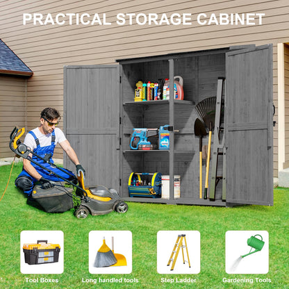 Gizoon Outdoor Storage Cabinet with Waterproof Roof, Double Lockable Doors Garden Shed with 2 Removable Shelves, Wooden Storage Shed with Large Storage Space for Patio, Garden, Backyard, Lawn, Grey