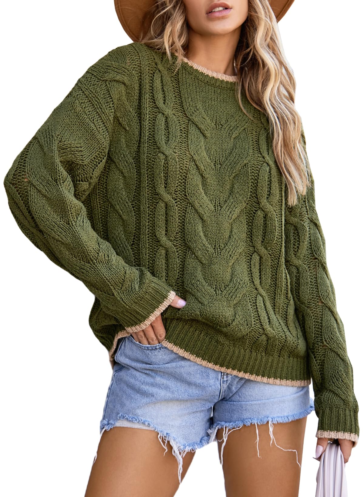 EVALESS Sweaters for Women Trendy Crewneck Long Sleeve Color Block Sweater Tops Fall 2025 Chunky Cable Knit Pullover Sweaters