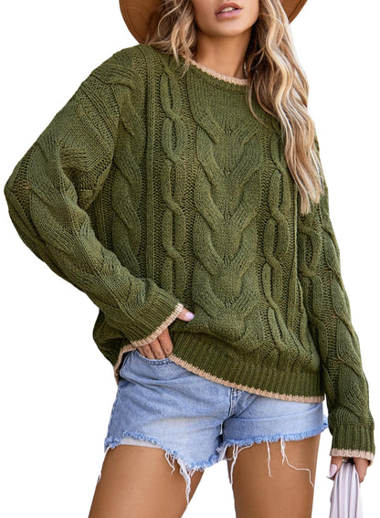 EVALESS Sweaters for Women Trendy Crewneck Long Sleeve Color Block Sweater Tops Fall 2025 Chunky Cable Knit Pullover Sweaters