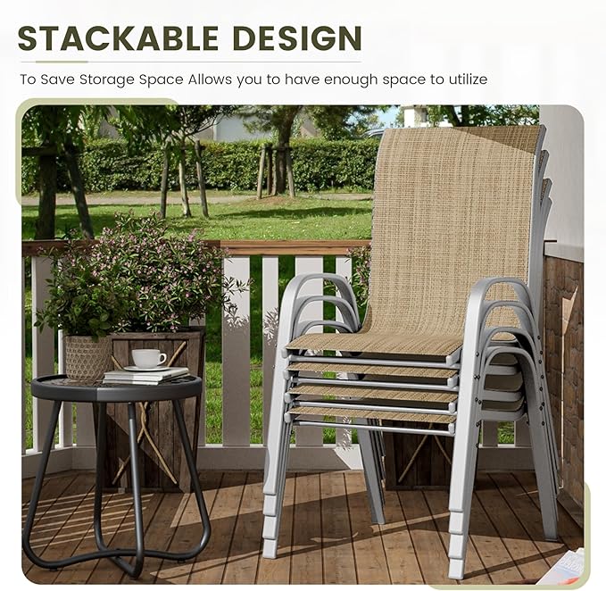 UDPATIO Patio Chairs Set of 4, Stackable Silver Outdoor Dining Chairs with High Back, Breathable Outdoor Chair Textilene Fabric All Weather, 350LBS Capacity for Garden, Backyard (Beige)