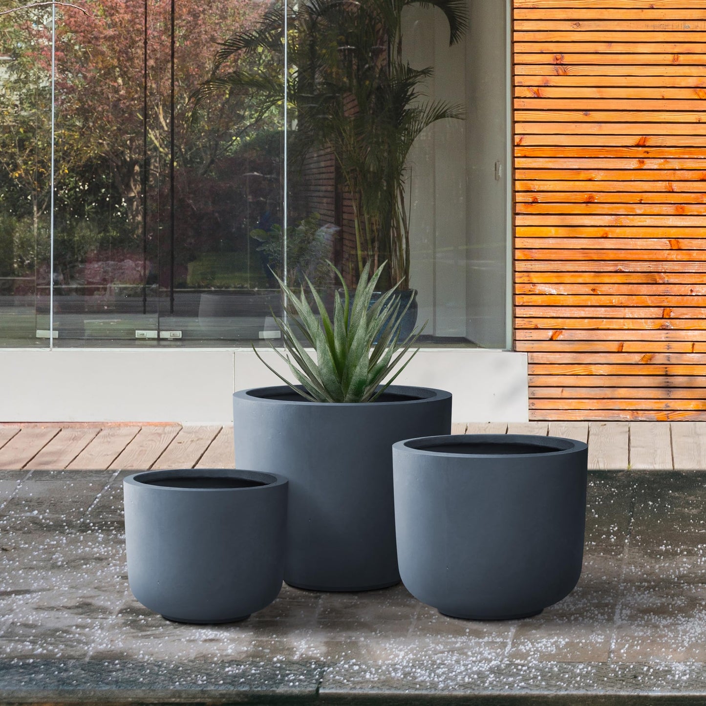 Kante 13",11",9" Dia Round Concrete Large Plant Pots Outdoor Indoor Planters Bowl with Drainage Hole for Patio, Set of 3,Charcoal