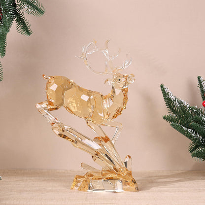 Luxury Acrylic Reindeer Figurine with LED Light for Christmas Decor, Elegant Transparent Crystal-Like Deer Sculpture for Table Shelf Mantel, Reindeer Ornament Holiday Centerpiece (Gold Jumping 11.8")