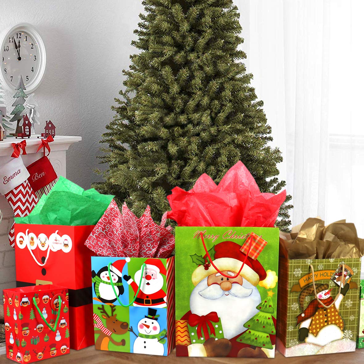 FZOPO Christmas Gift Bags Bulk Set Includes 4 Extra Large 4 Large 4 Medium with Handles Christmas Print Gift Bags Assorted Sizes for Wrapping Holiday Gifts (Variety Pack)
