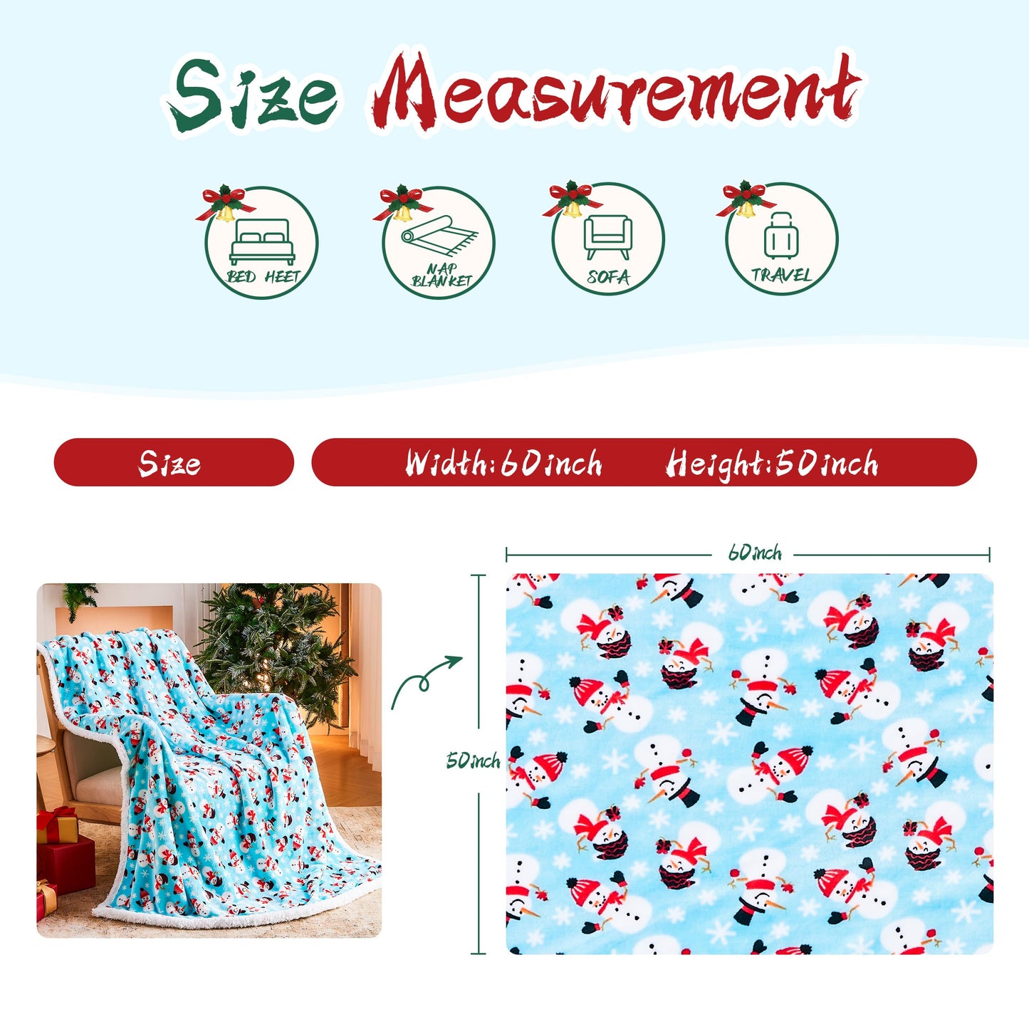 Ramees Christmas Throw Blanket, Christmas Decorations Blankets and Throws, Fuzzy Cozy Soft Warm Fleece Sherpa Winter Holiday Blanket for Bed Couch Sofa Reindeer Snowflakes