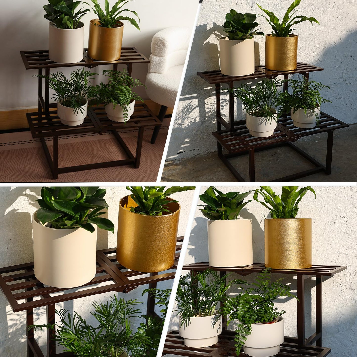 Rioneta Plant Stand Indoor Outdoor, Foldable Metal Plant Shelf for Multiple Pots, Mid Century Slatted Bench for Patio Garden, Heavy Duty Capacity 330 lbs 2 Tier Coffee