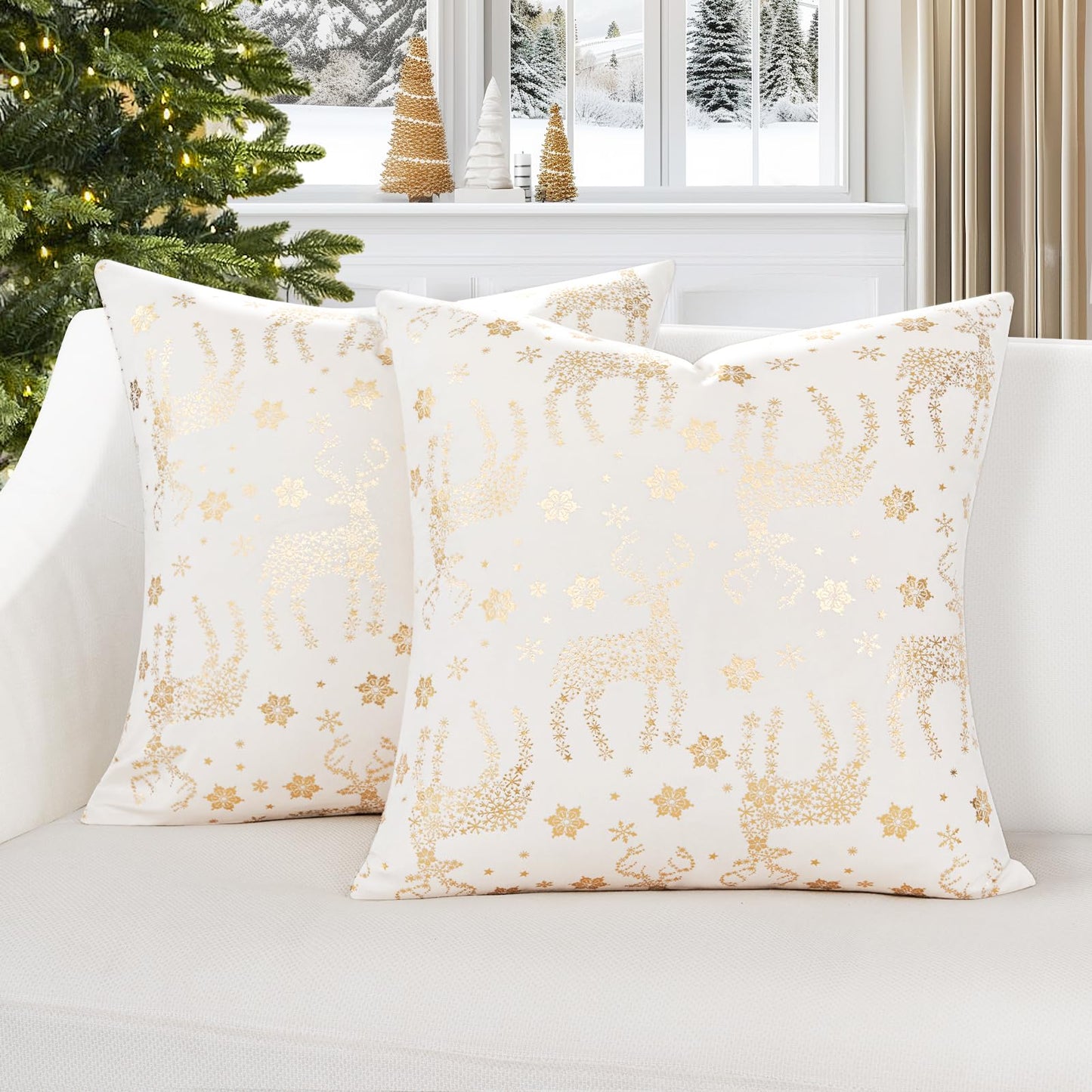 Topfinel Christmas Pillow Covers 20x20 Set of 2,Xmas Cream Velvet Snowflake Reindeer Decorative Pillow Case Winter Holiday Decor for Home Couch,White and Gold