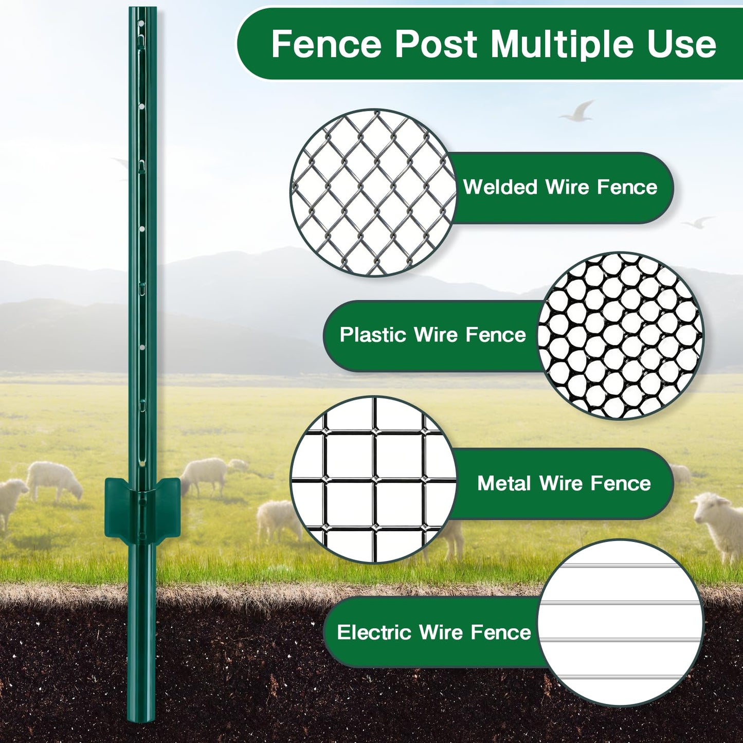 Gtongoko 10 Pack 6FT Heavy Duty Metal Fence Posts, Green U Channel No Dig Fence Stakes with Anchor Plate, 14 Gauge Steel Posts for Wire Fencing, Garden Protection, Animal Barrier, Yard & Farm Boundary