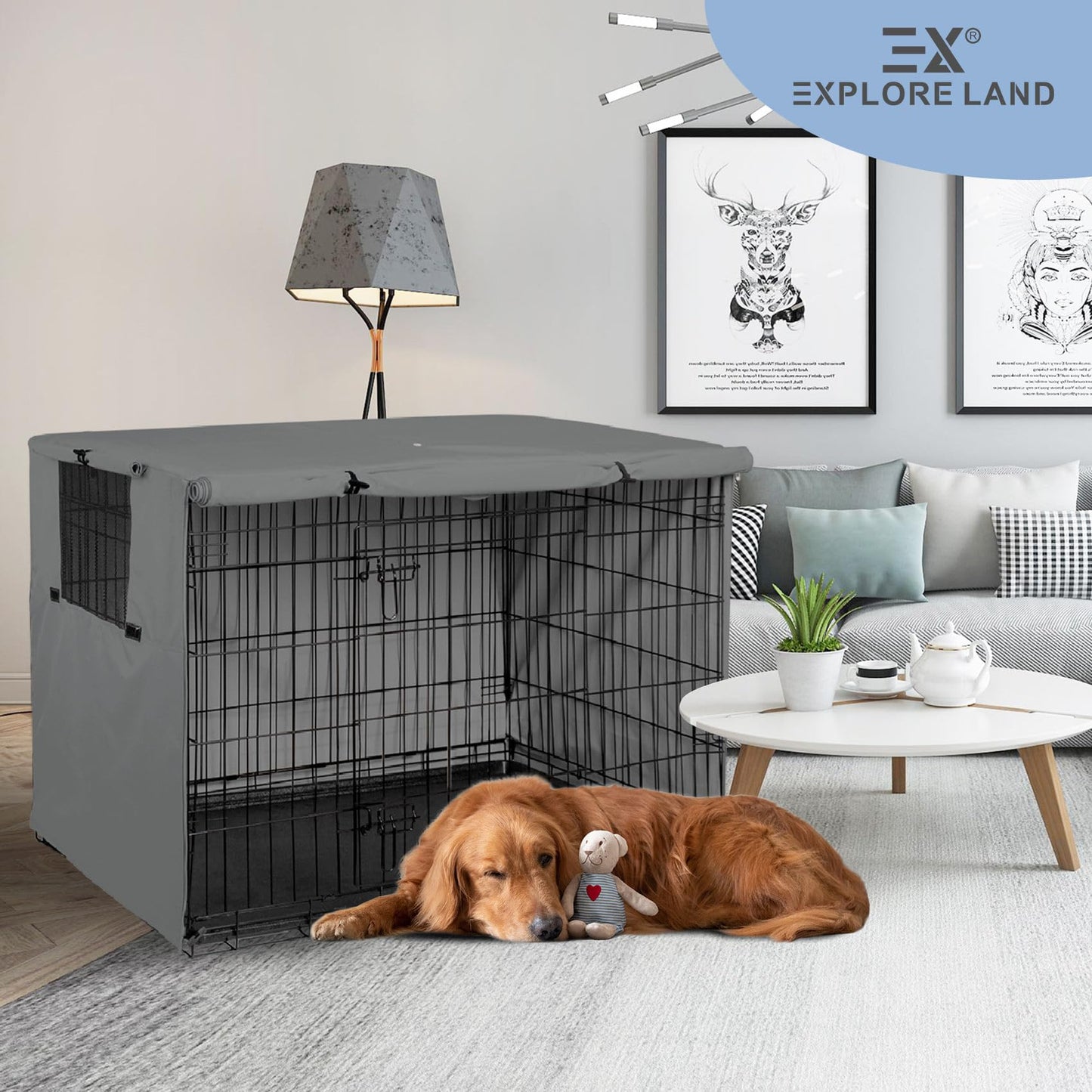 Explore Land Dog Crate Cover Durable - Polyester Pet Kennel Cover Universal Fit for 24-48 inches Wire Dog Crate (36 Inch (Pack of 1), Grey Cover)