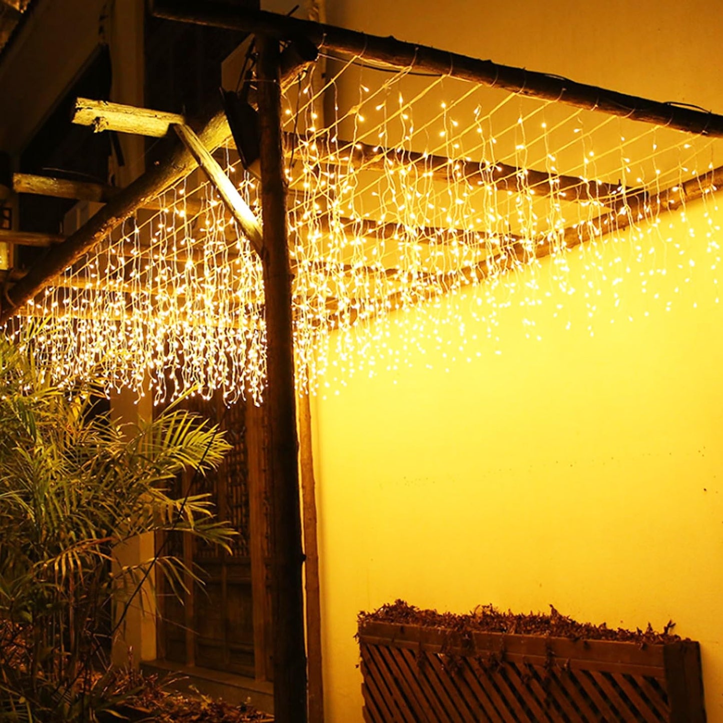JAMISAY LED Icicle Lights, 8 Modes 19.7FT 150 LEDs Christmas Short Curtain Fairy Hanging Ceiling Extendable Lights for Wedding Balcony Doorway Outdoor Indoor Decoration Warm White, 6M05