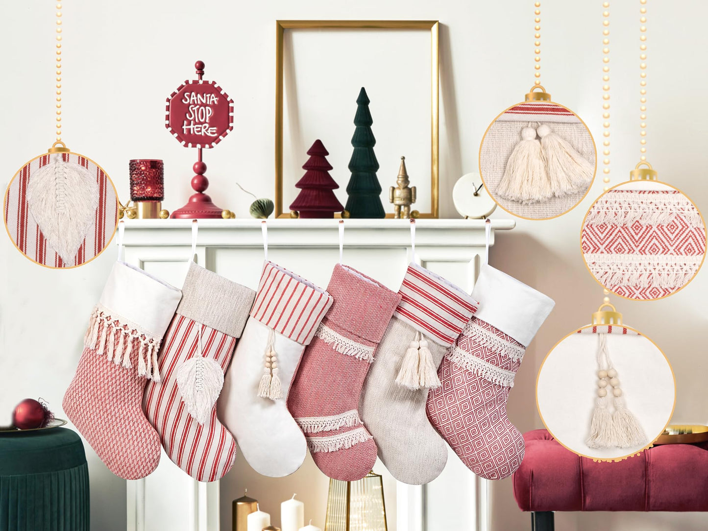 GEX Christmas Stockings 6 Pack for Family 20" Large Rustic Farmhouse Country Red Xmas Stockings with Tassels Hanging Ornament Decorations for Fireplace Xmas Season (Red, Set of 6)
