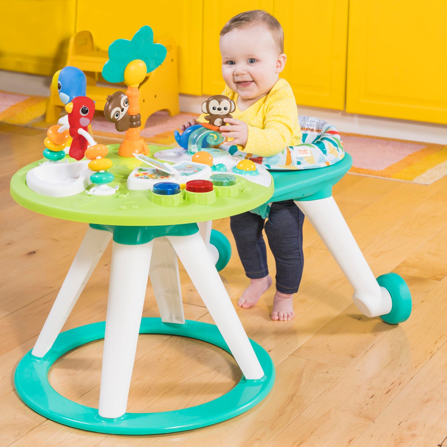 Bright Starts, Around We Go 2-in-1 Walk-Around Activity Centre and Play Table - Tropic Cool, Walker with Music, Lights and Interactive Toys, Removable Seat, Ages 6 Months Plus